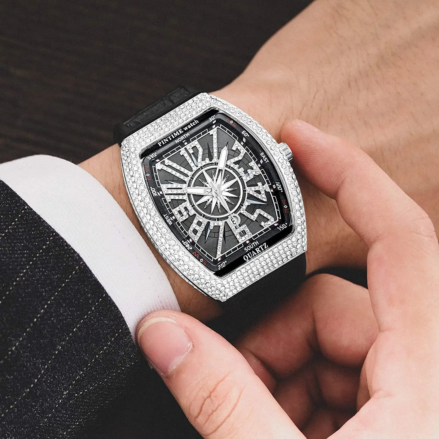 FANMIS Mens Skull Big Face Watches Rectangle Punk Diamond Dial Leather Strap Calendar Quartz Sports Wrist Watch