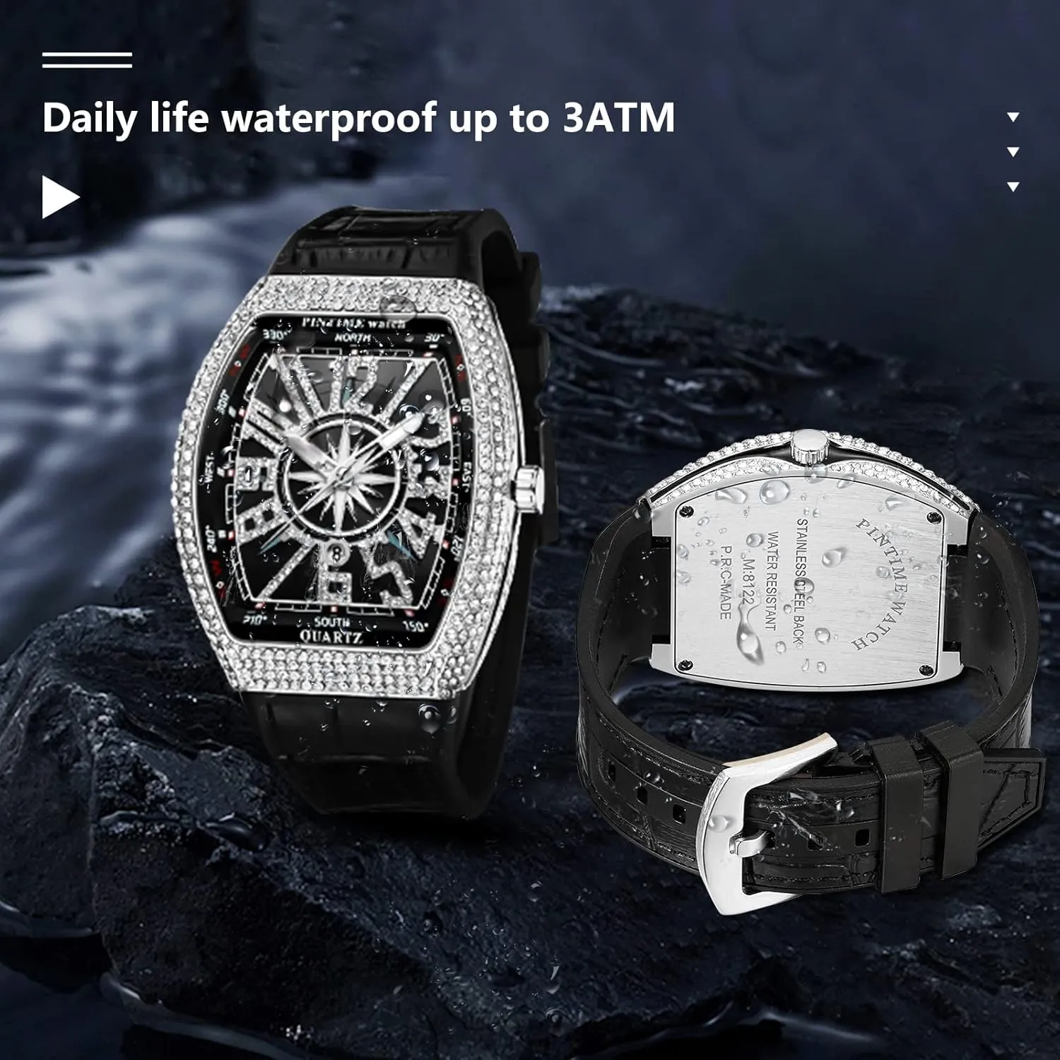 FANMIS Mens Skull Big Face Watches Rectangle Punk Diamond Dial Leather Strap Calendar Quartz Sports Wrist Watch