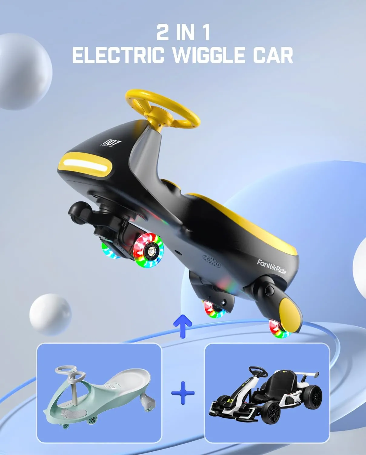FanttikRide 12V N7 Pro Electric Wiggle Car with Pedal, Rechargeable Battery, CyberWiggle, 2 in 1 Swing Car, 2 Speed, Anti-Rollover, Flashing Wheels, Bluetooth, for Ages 3 and Up, 150 Lbs, Yellow