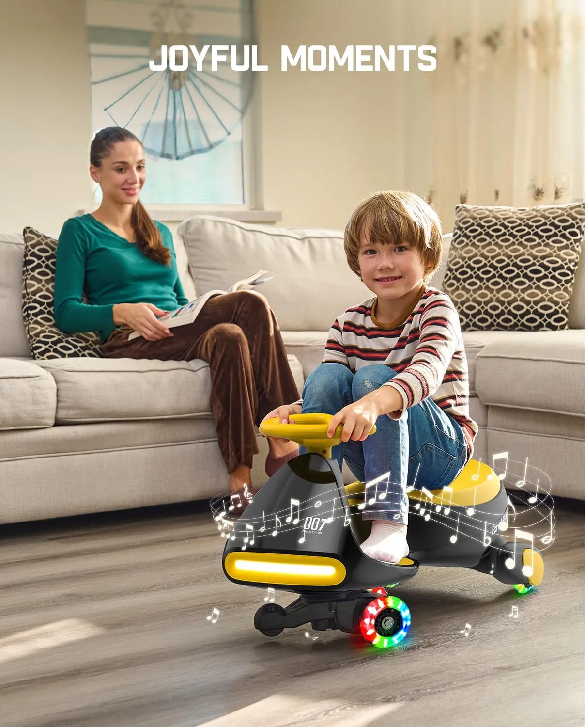 FanttikRide 12V N7 Pro Electric Wiggle Car with Pedal, Rechargeable Battery, CyberWiggle, 2 in 1 Swing Car, 2 Speed, Anti-Rollover, Flashing Wheels, Bluetooth, for Ages 3 and Up, 150 Lbs, Yellow