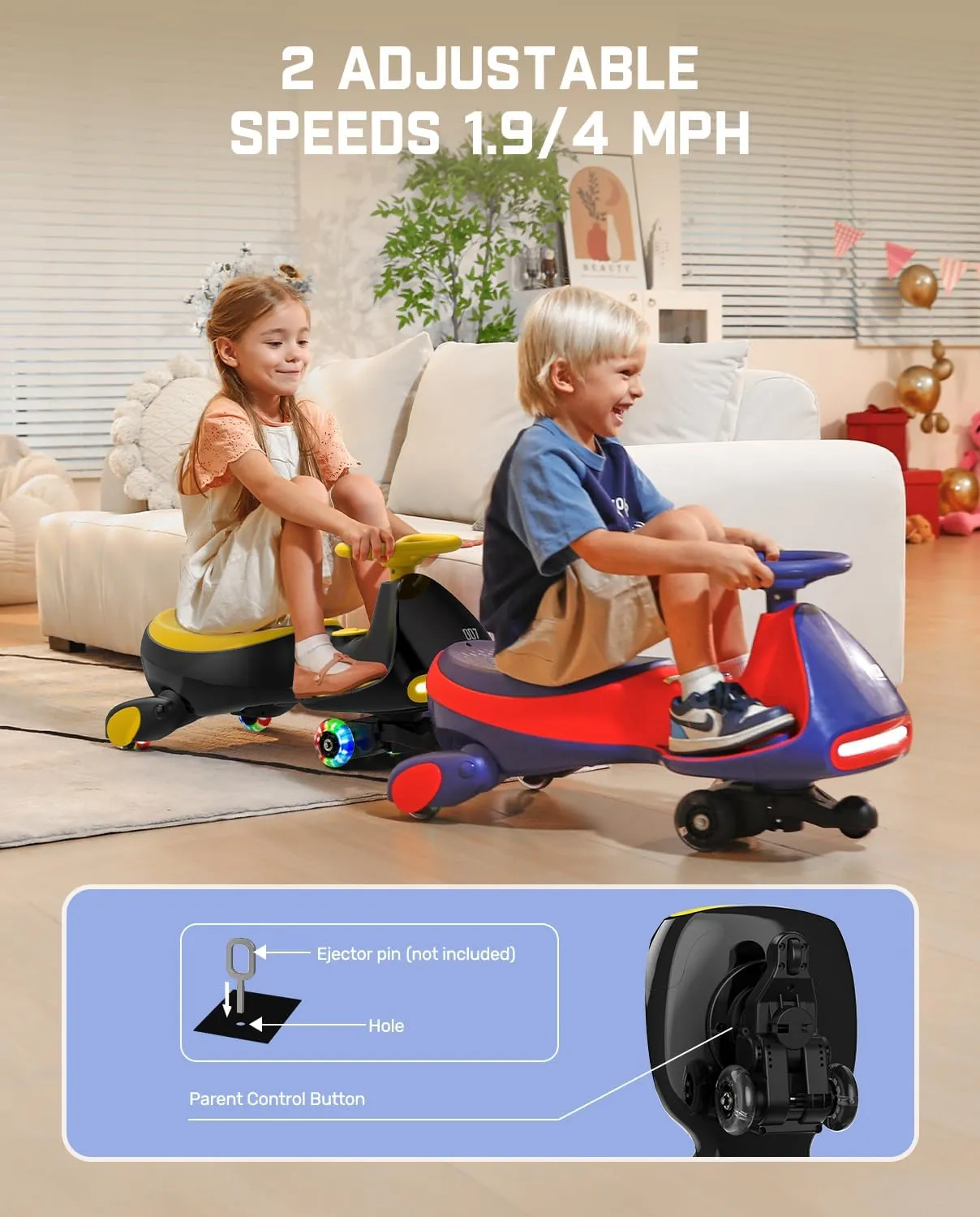 FanttikRide 12V N7 Pro Electric Wiggle Car with Pedal, Rechargeable Battery, CyberWiggle, 2 in 1 Swing Car, 2 Speed, Anti-Rollover, Flashing Wheels, Bluetooth, for Ages 3 and Up, 150 Lbs, Yellow