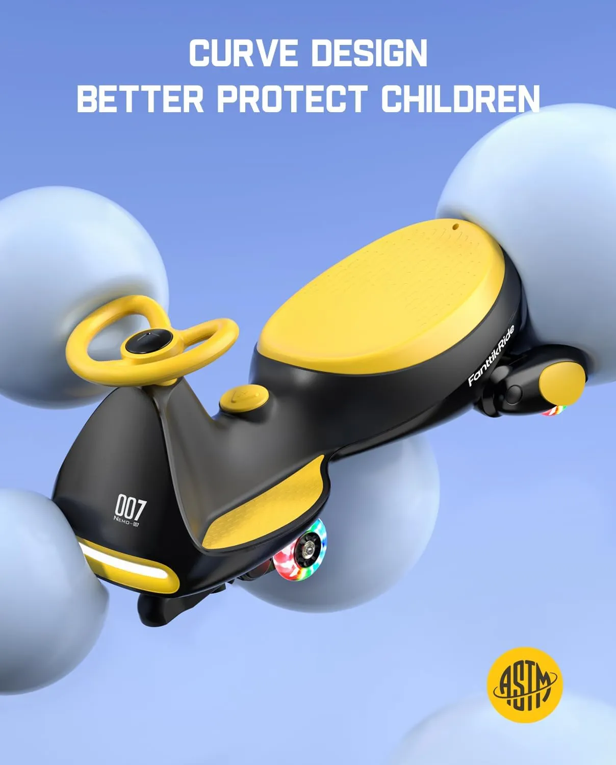 FanttikRide 12V N7 Pro Electric Wiggle Car with Pedal, Rechargeable Battery, CyberWiggle, 2 in 1 Swing Car, 2 Speed, Anti-Rollover, Flashing Wheels, Bluetooth, for Ages 3 and Up, 150 Lbs, Yellow