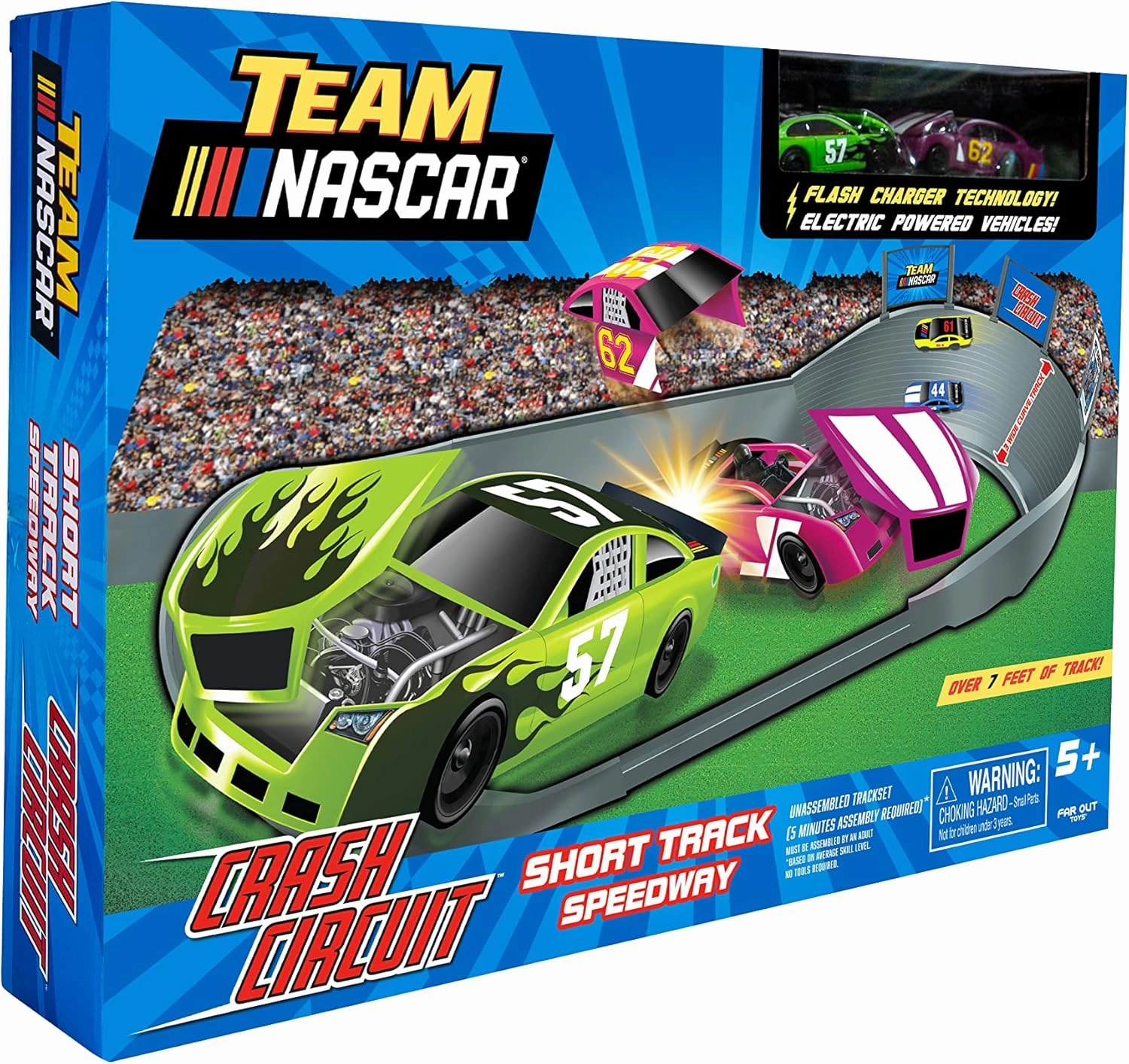 Far Out Toys NASCAR Crash Circuit Short Track Speedway | 2 Electric Powered Cars, 2 Flash Chargers, 6 Driver and Pit Crew Figurines, 3.7 Ft Assembled | Capture The Momentum and Thrill of Nascar