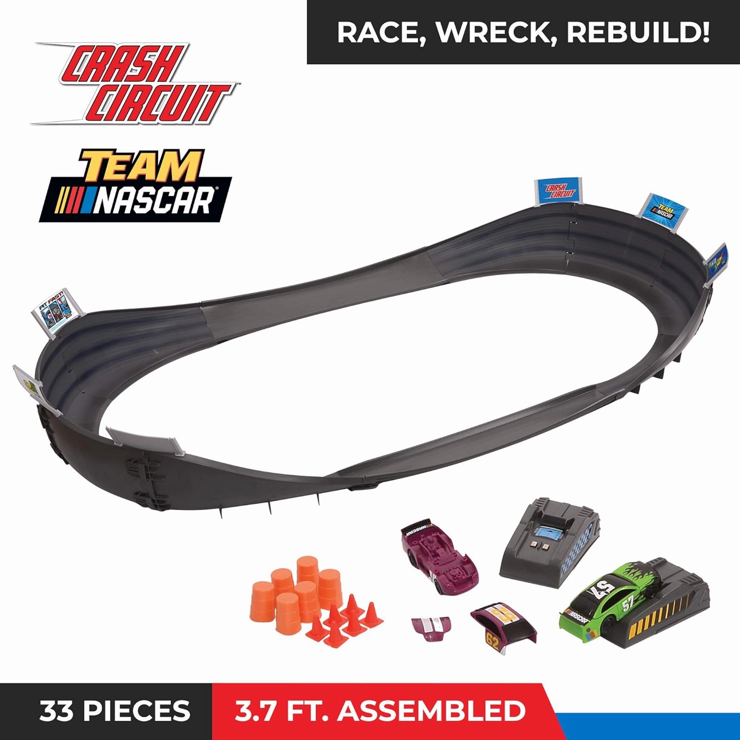 Far Out Toys NASCAR Crash Circuit Short Track Speedway | 2 Electric Powered Cars, 2 Flash Chargers, 6 Driver and Pit Crew Figurines, 3.7 Ft Assembled | Capture The Momentum and Thrill of Nascar
