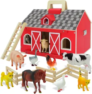 Farm Animal Toys with Portable Large Wooden Barn for Kids 3  Years Old, 10 PCS Farm Animal Figures for Boys, Girls, Animal Lovers, Ideal Gift for Kids Toddlers, Improve Fine Motor Skills