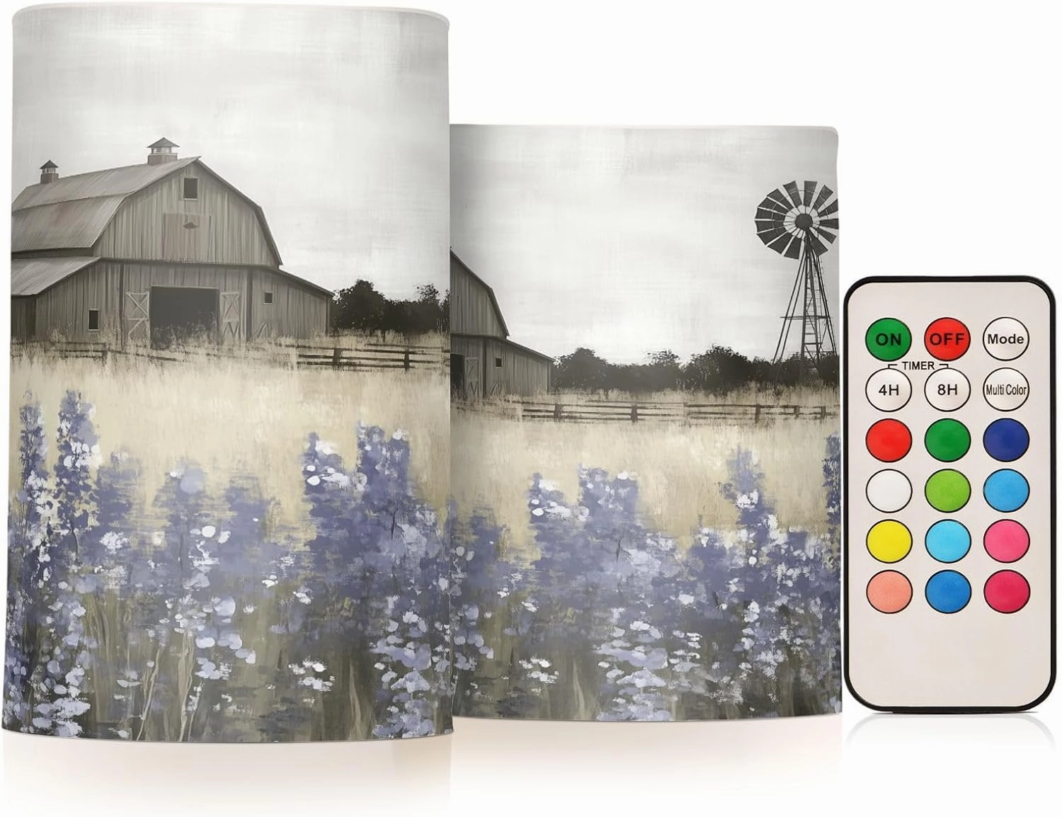 Farmhouse Landscape Wildflowers Barn Windmill Flickering Flameless Candles LED Battery Operated with Remote Timer Pillar Candles for Home Birthday Wedding Christmas Decor, Set of 2