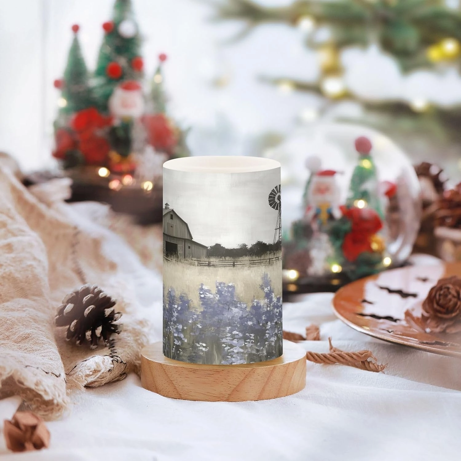 Farmhouse Landscape Wildflowers Barn Windmill Flickering Flameless Candles LED Battery Operated with Remote Timer Pillar Candles for Home Birthday Wedding Christmas Decor, Set of 2