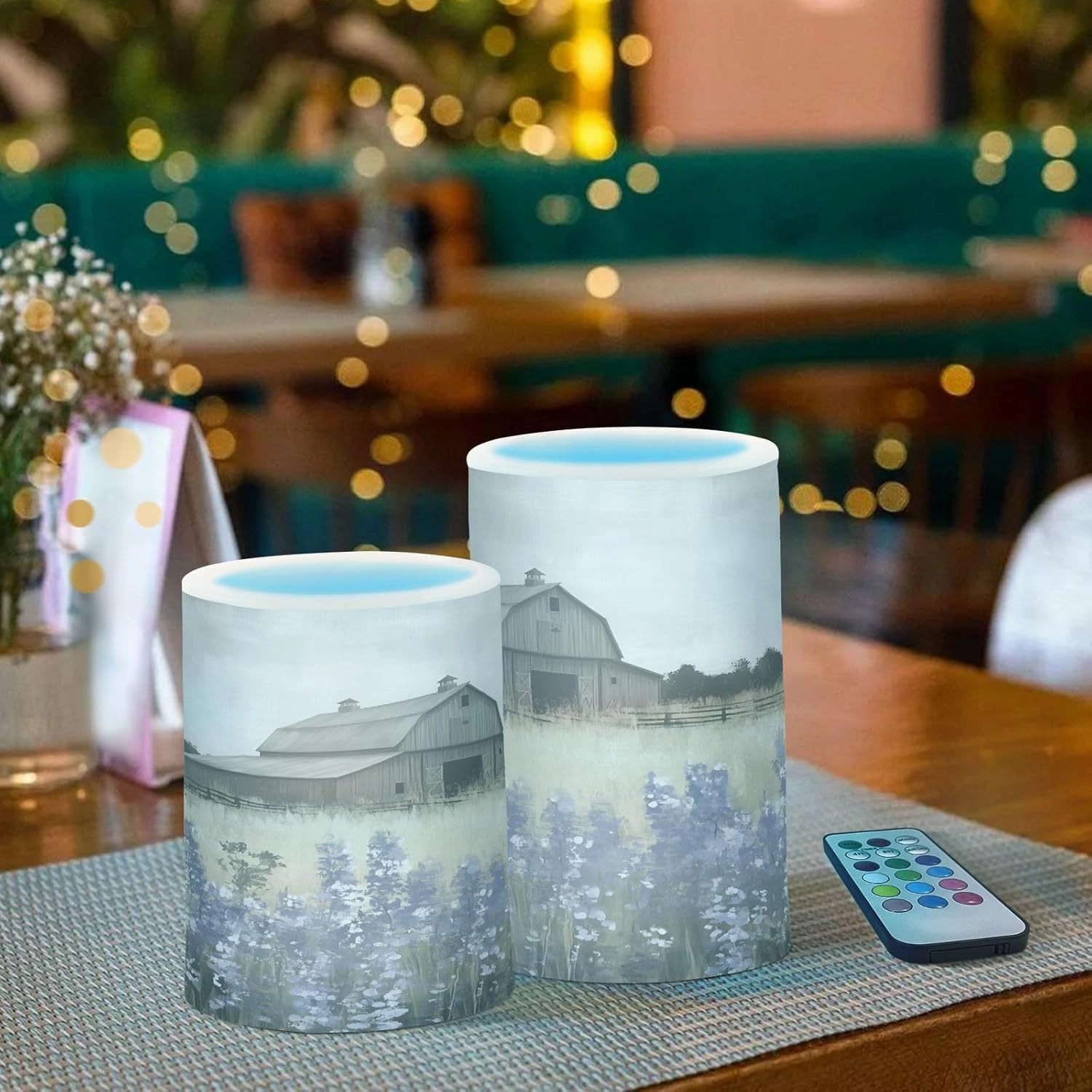 Farmhouse Landscape Wildflowers Barn Windmill Flickering Flameless Candles LED Battery Operated with Remote Timer Pillar Candles for Home Birthday Wedding Christmas Decor, Set of 2