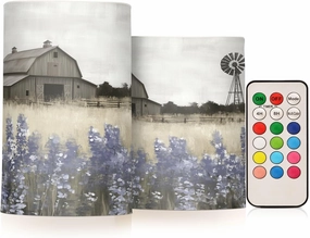 Farmhouse Landscape Wildflowers Barn Windmill Flickering Flameless Candles LED Battery Operated with Remote Timer Pillar Candles for Home Birthday Wedding Christmas Decor, Set of 2
