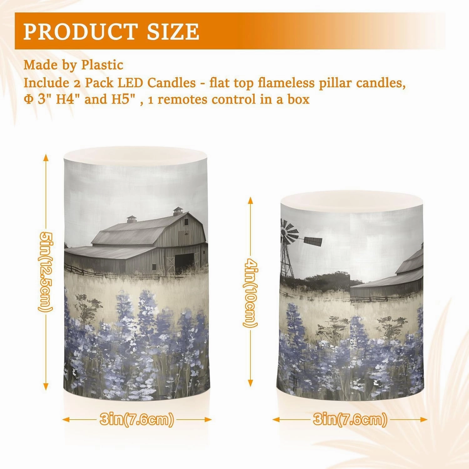 Farmhouse Landscape Wildflowers Barn Windmill Flickering Flameless Candles LED Battery Operated with Remote Timer Pillar Candles for Home Birthday Wedding Christmas Decor, Set of 2