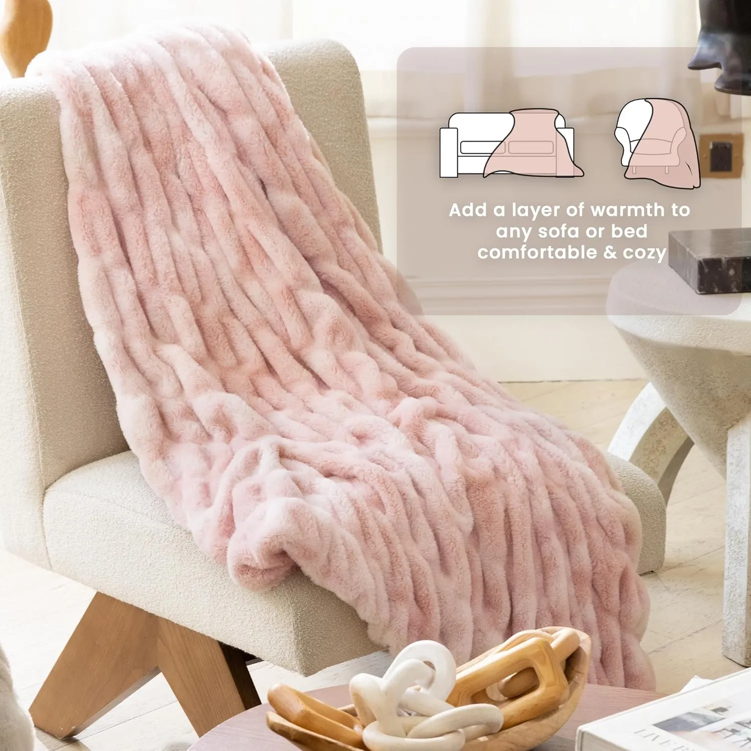 Faux Fur Blanket, Throw Blanket for Couch, Fluffy Blanket with Stretch Ruched Design, Ultra Soft Giftable Home Decor, 50x60 inches, Tie-Dyed in Pink