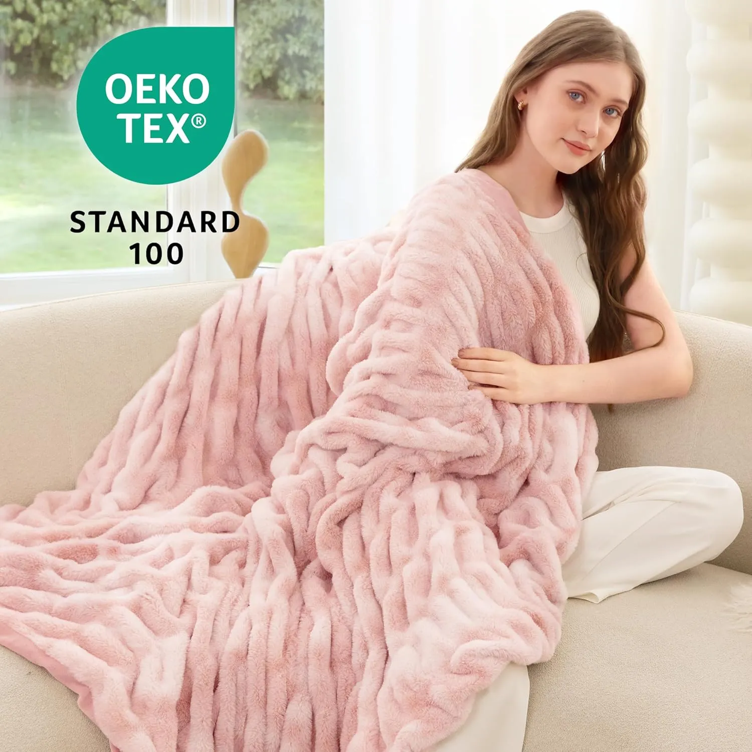 Faux Fur Blanket, Throw Blanket for Couch, Fluffy Blanket with Stretch Ruched Design, Ultra Soft Giftable Home Decor, 50x60 inches, Tie-Dyed in Pink