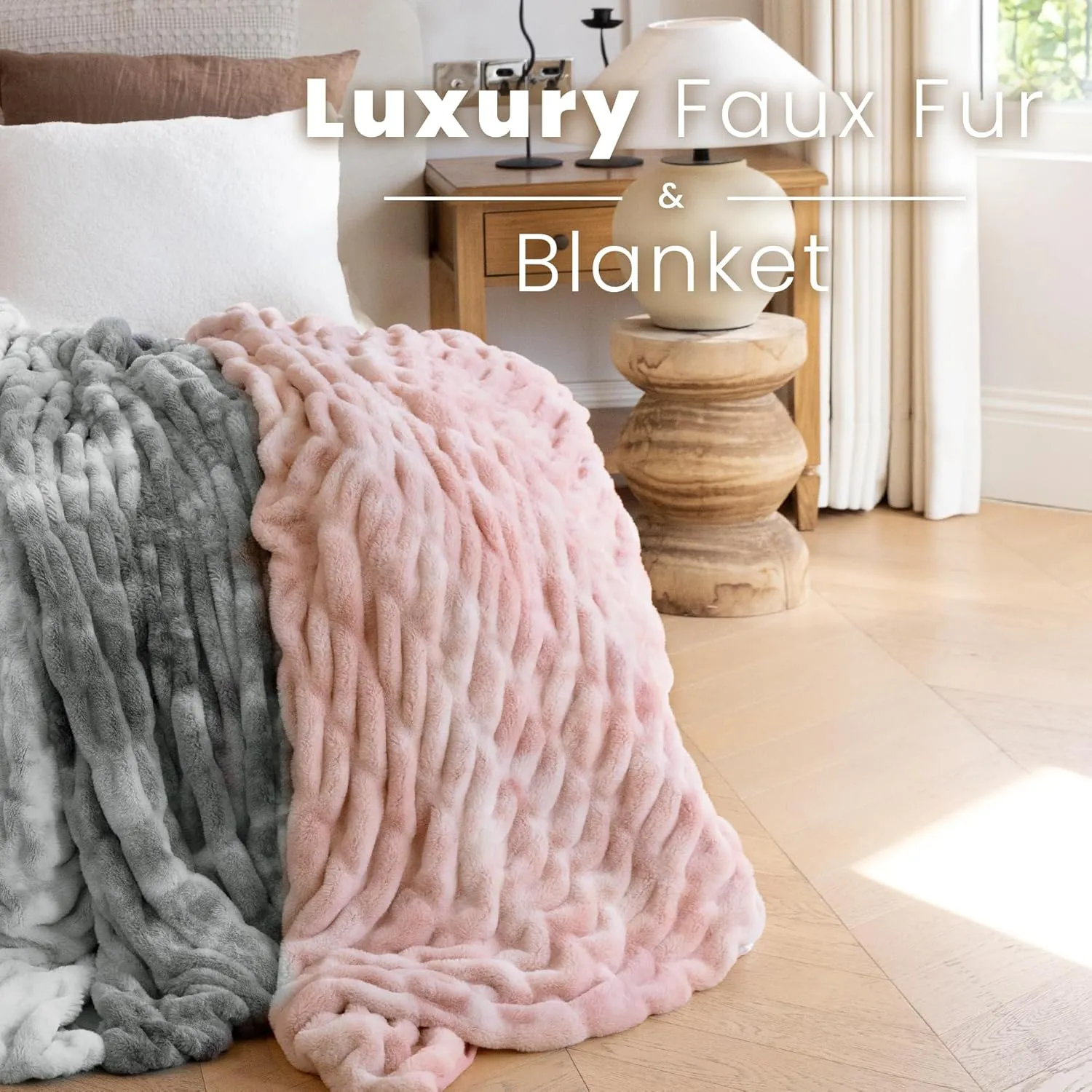Faux Fur Blanket, Throw Blanket for Couch, Fluffy Blanket with Stretch Ruched Design, Ultra Soft Giftable Home Decor, 50x60 inches, Tie-Dyed in Pink