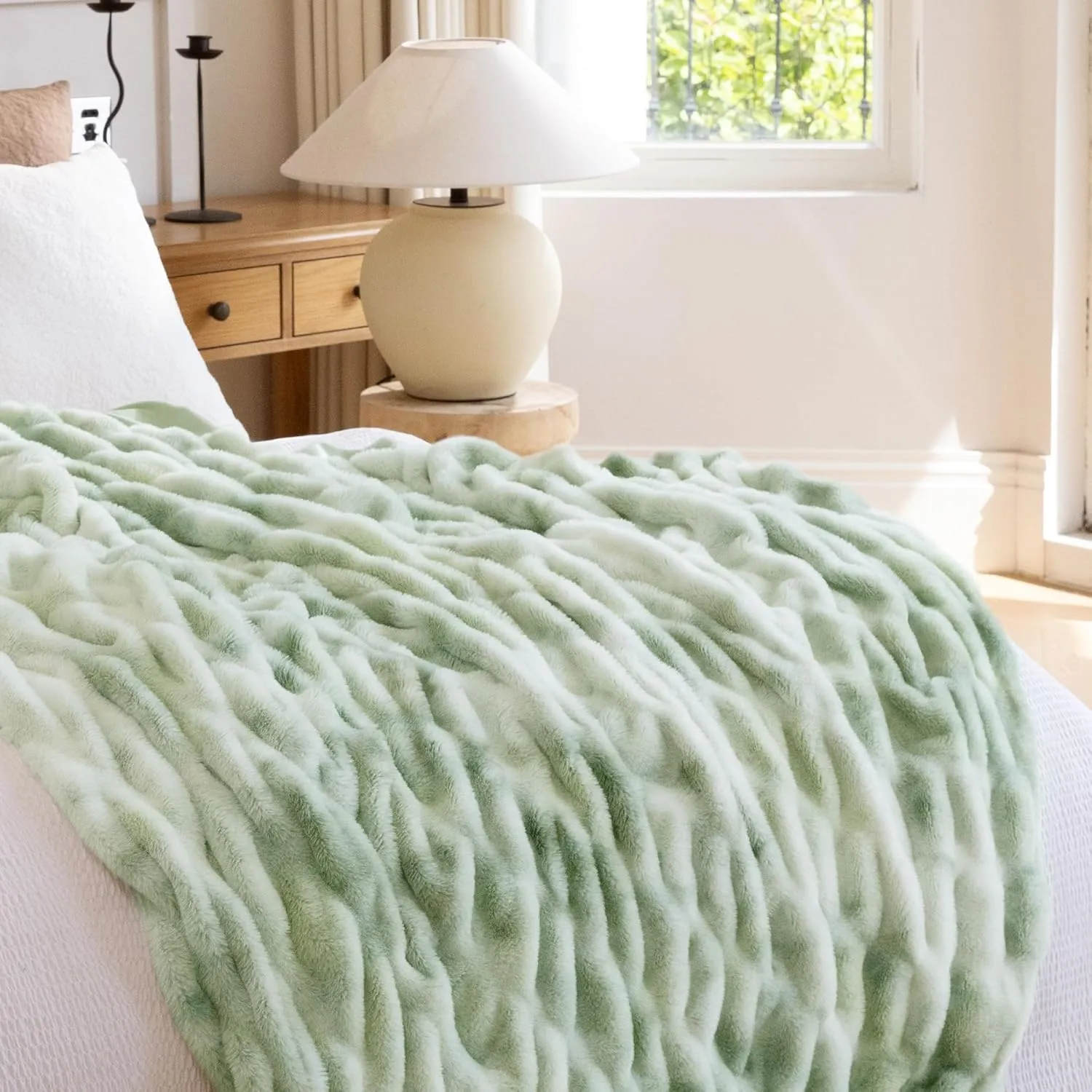 Faux Fur Blanket, Throw Blanket for Couch, Fluffy Blanket with Stretch Ruched Design, Ultra Soft Giftable Home Decor, 50x60 inches, Tie-Dyed in Sage Green