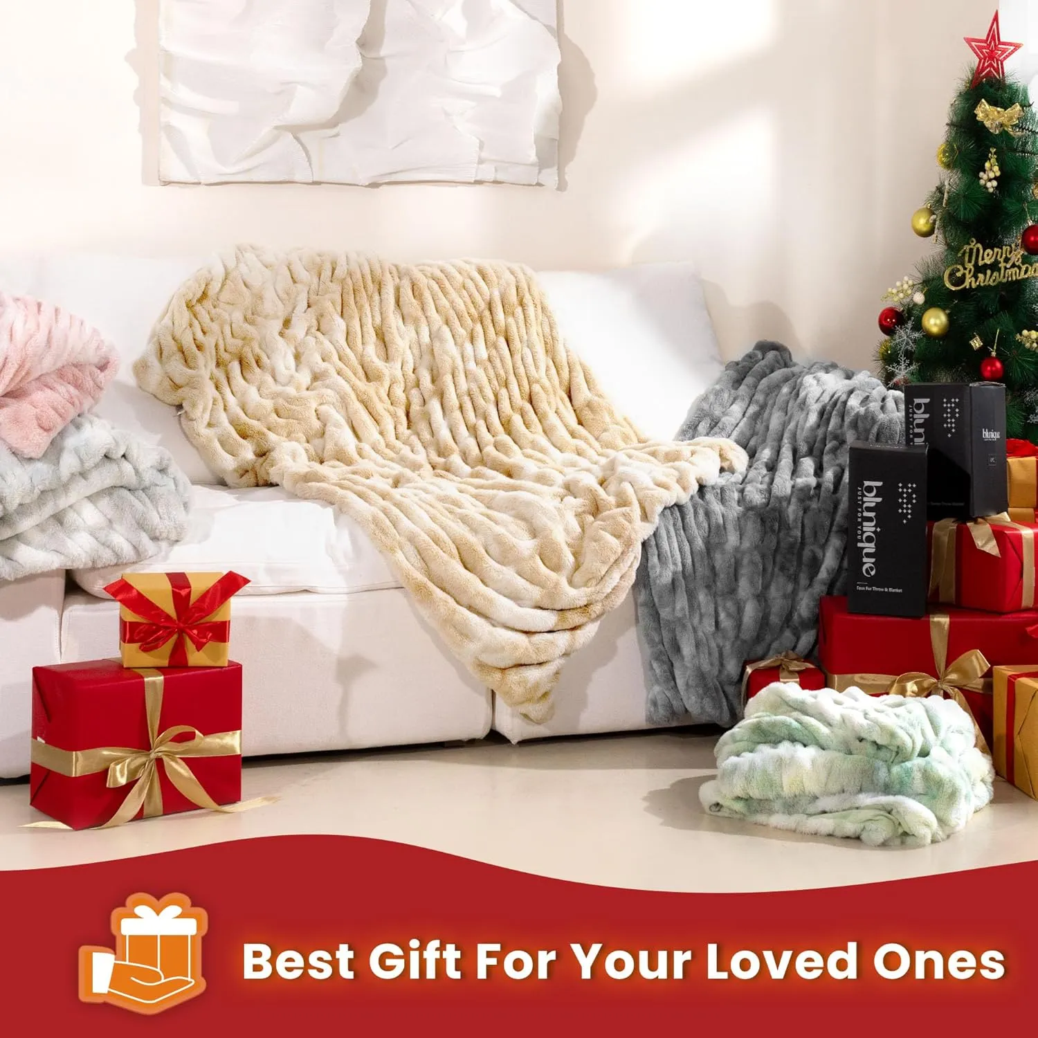 Faux Fur Blanket, Throw Blanket for Couch, Fluffy Blanket with Stretch Ruched Design, Ultra Soft Giftable Home Decor, 50x60 inches, Tie-Dyed in Sage Green