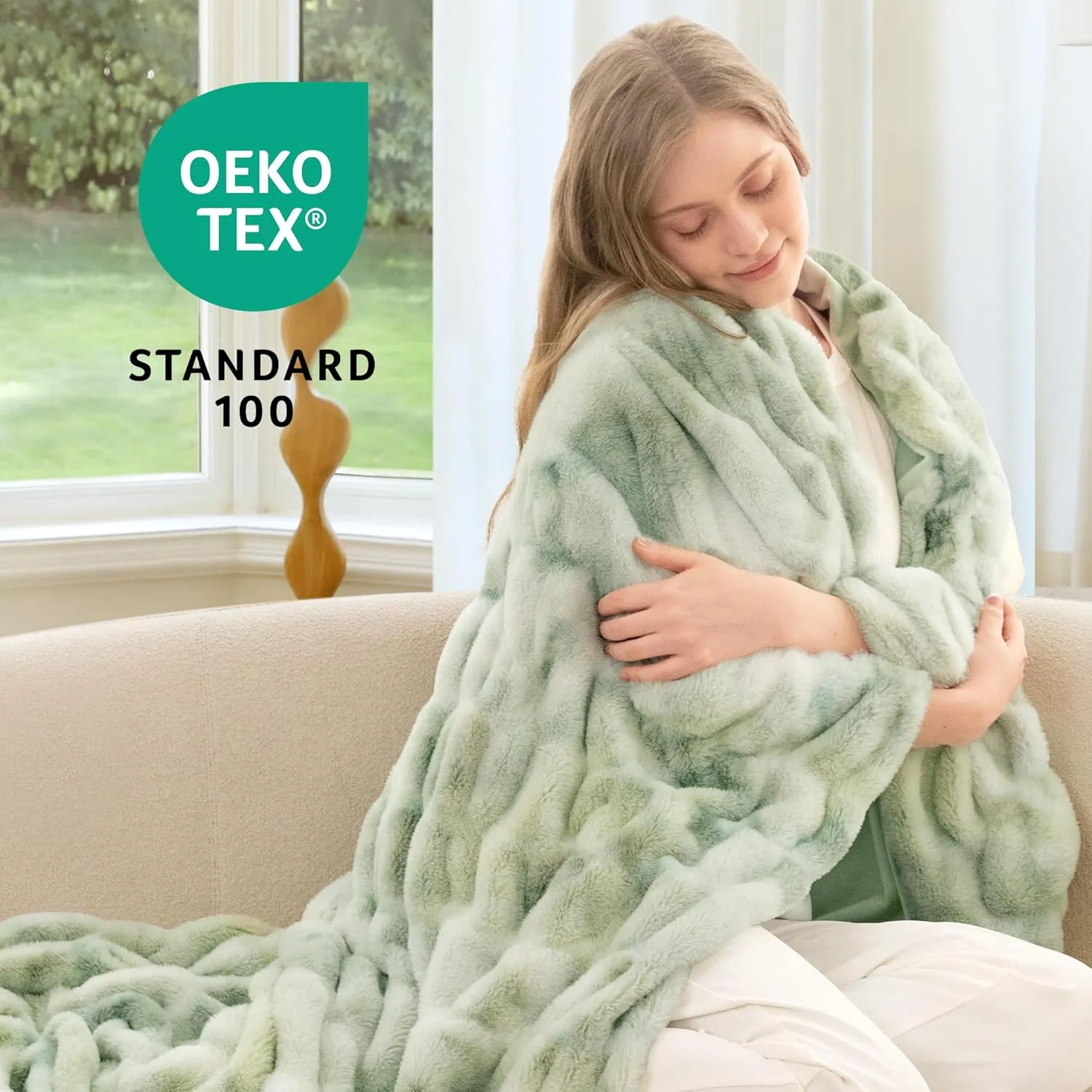 Faux Fur Blanket, Throw Blanket for Couch, Fluffy Blanket with Stretch Ruched Design, Ultra Soft Giftable Home Decor, 50x60 inches, Tie-Dyed in Sage Green