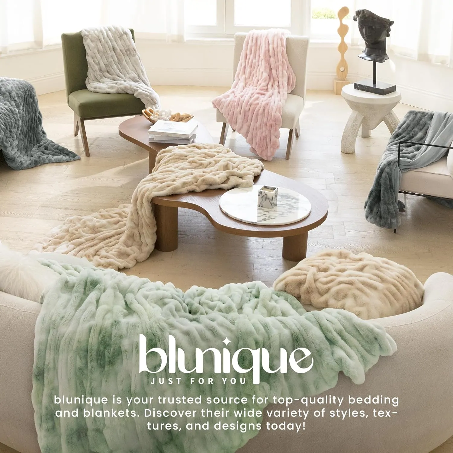 Faux Fur Blanket, Throw Blanket for Couch, Fluffy Blanket with Stretch Ruched Design, Ultra Soft Giftable Home Decor, 50x60 inches, Tie-Dyed in Sage Green