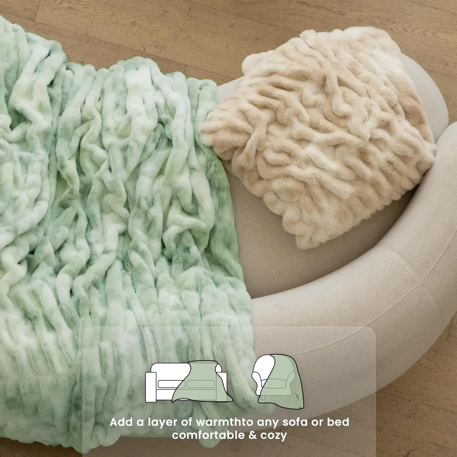 Faux Fur Blanket, Throw Blanket for Couch, Fluffy Blanket with Stretch Ruched Design, Ultra Soft Giftable Home Decor, 50x60 inches, Tie-Dyed in Sage Green
