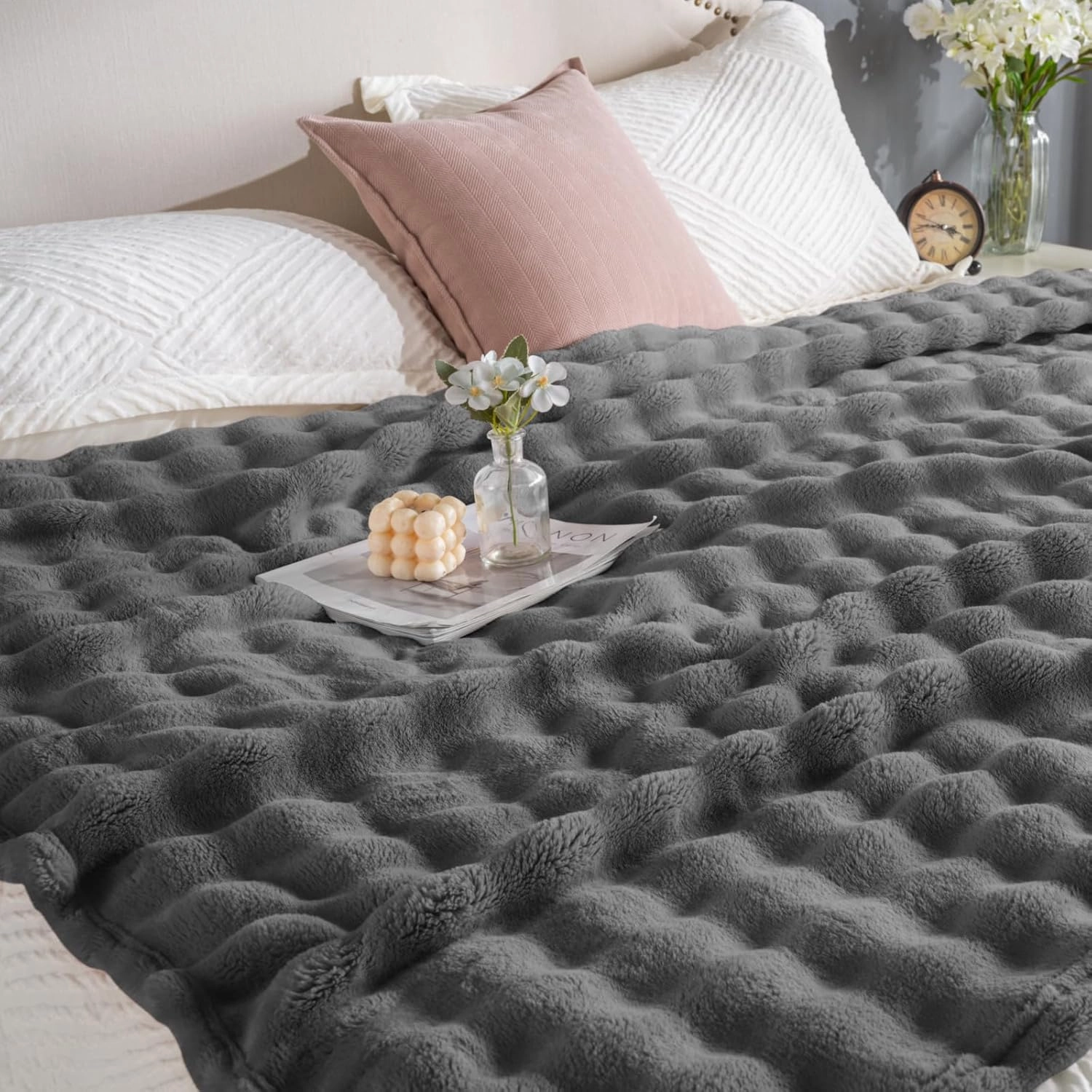 Faux Fur Bed Blankets Queen Size Grey, Soft Fluffy Bubble Blanket for Couch Sofa, Thick Warm Plush Fuzzy Rabbit Fur Large Blanket for All Season Use, 90"X 90"