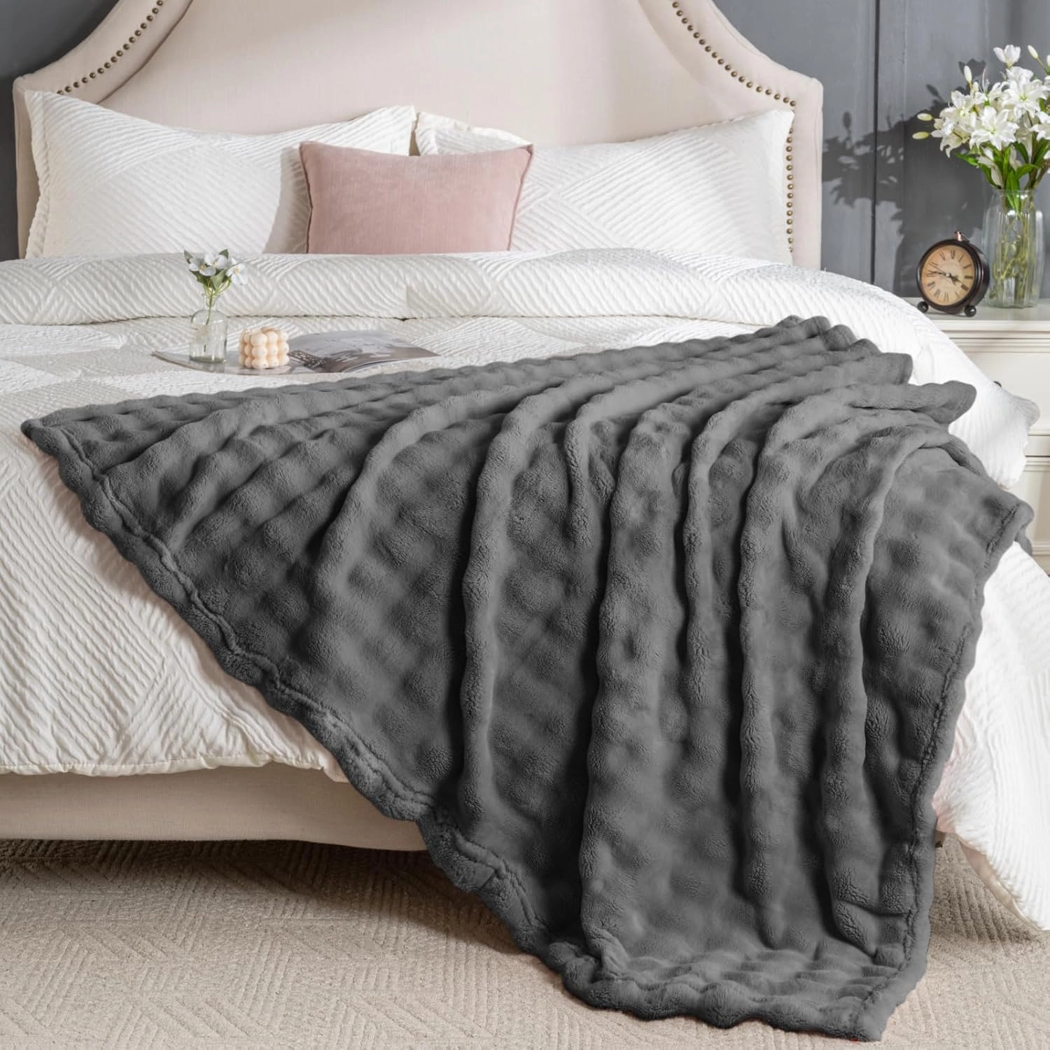 Faux Fur Bed Blankets Queen Size Grey, Soft Fluffy Bubble Blanket for Couch Sofa, Thick Warm Plush Fuzzy Rabbit Fur Large Blanket for All Season Use, 90"X 90"