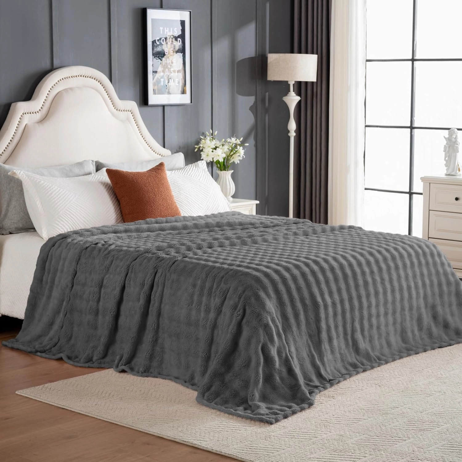 Faux Fur Bed Blankets Queen Size Grey, Soft Fluffy Bubble Blanket for Couch Sofa, Thick Warm Plush Fuzzy Rabbit Fur Large Blanket for All Season Use, 90"X 90"