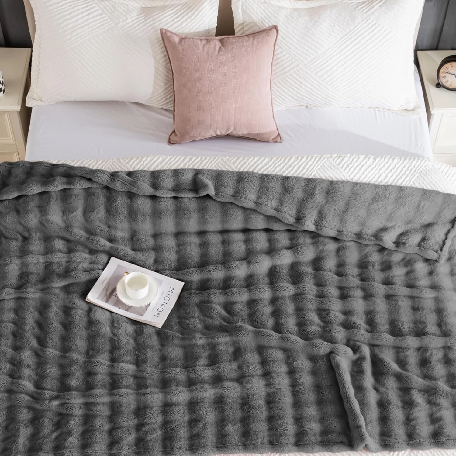 Faux Fur Bed Blankets Queen Size Grey, Soft Fluffy Bubble Blanket for Couch Sofa, Thick Warm Plush Fuzzy Rabbit Fur Large Blanket for All Season Use, 90"X 90"