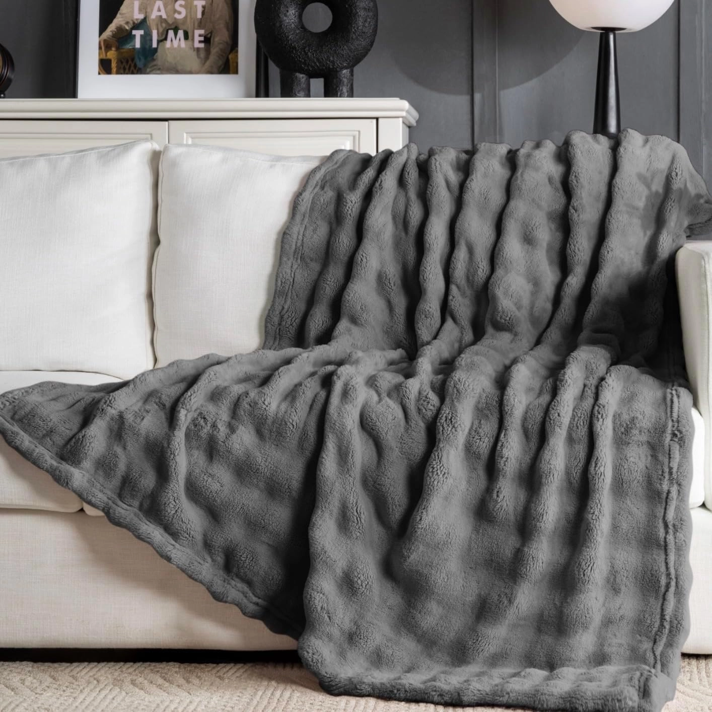Faux Fur Bed Blankets Queen Size Grey, Soft Fluffy Bubble Blanket for Couch Sofa, Thick Warm Plush Fuzzy Rabbit Fur Large Blanket for All Season Use, 90"X 90"