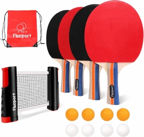 FBSPORT Ping Pong Paddle Set, Table Tennis Set with 4 Rackets and 8 Balls, Retractable Net with Storage Bag - Pingpong Paddle Accessories for Indoor/Outdoor Games