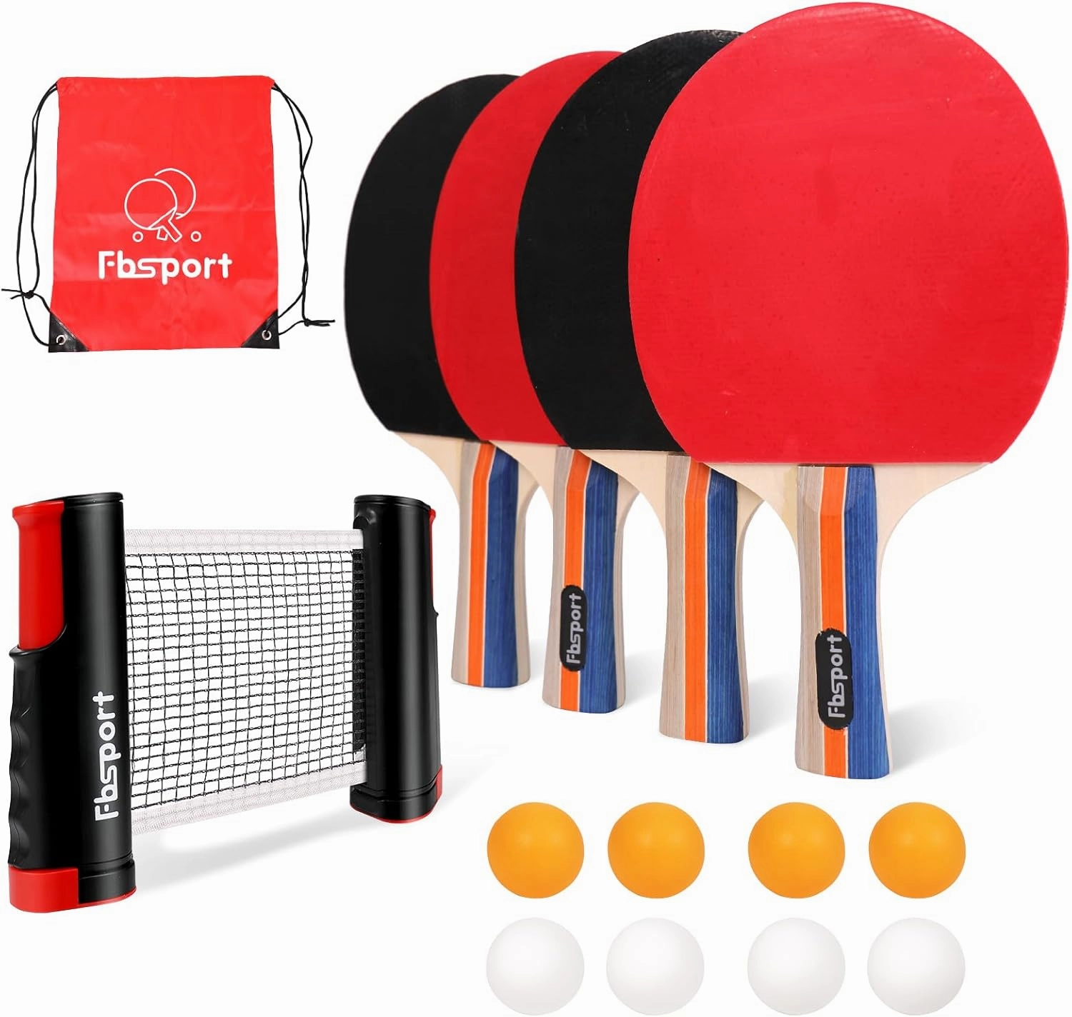 FBSPORT Ping Pong Paddle Set, Table Tennis Set with 4 Rackets and 8 Balls, Retractable Net with Storage Bag - Pingpong Paddle Accessories for Indoor/Outdoor Games