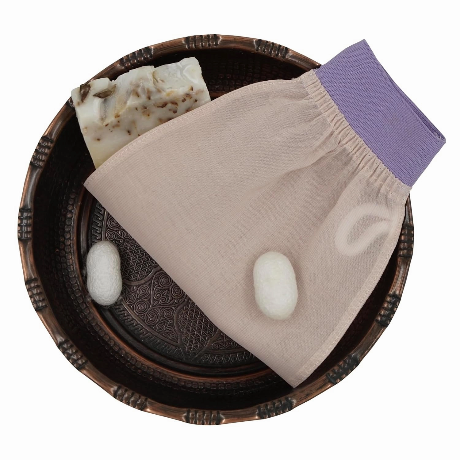 Feel Fine Turkish Exfoliating Mitt – 100% Raw Silk Hammam Kese Glove for Men & Women | Handcrafted Turkish Skin Peeling Scrubber Bath & Sauna Exfoliator (Lilac)