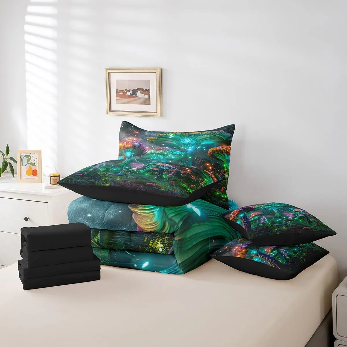 Feelyou Mushrooms Comforter Set Queen 7 Pcs Kawaii Fungus Outer Space Galaxy Bedding Set Botanical Plants Print Natural Wild Fungus Bed in a Bag with Comforter, Sheets, Pillowcases & Cushion Cover