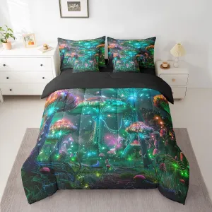 Feelyou Mushrooms Comforter Set Queen 7 Pcs Kawaii Fungus Outer Space Galaxy Bedding Set Botanical Plants Print Natural Wild Fungus Bed in a Bag with Comforter, Sheets, Pillowcases & Cushion Cover