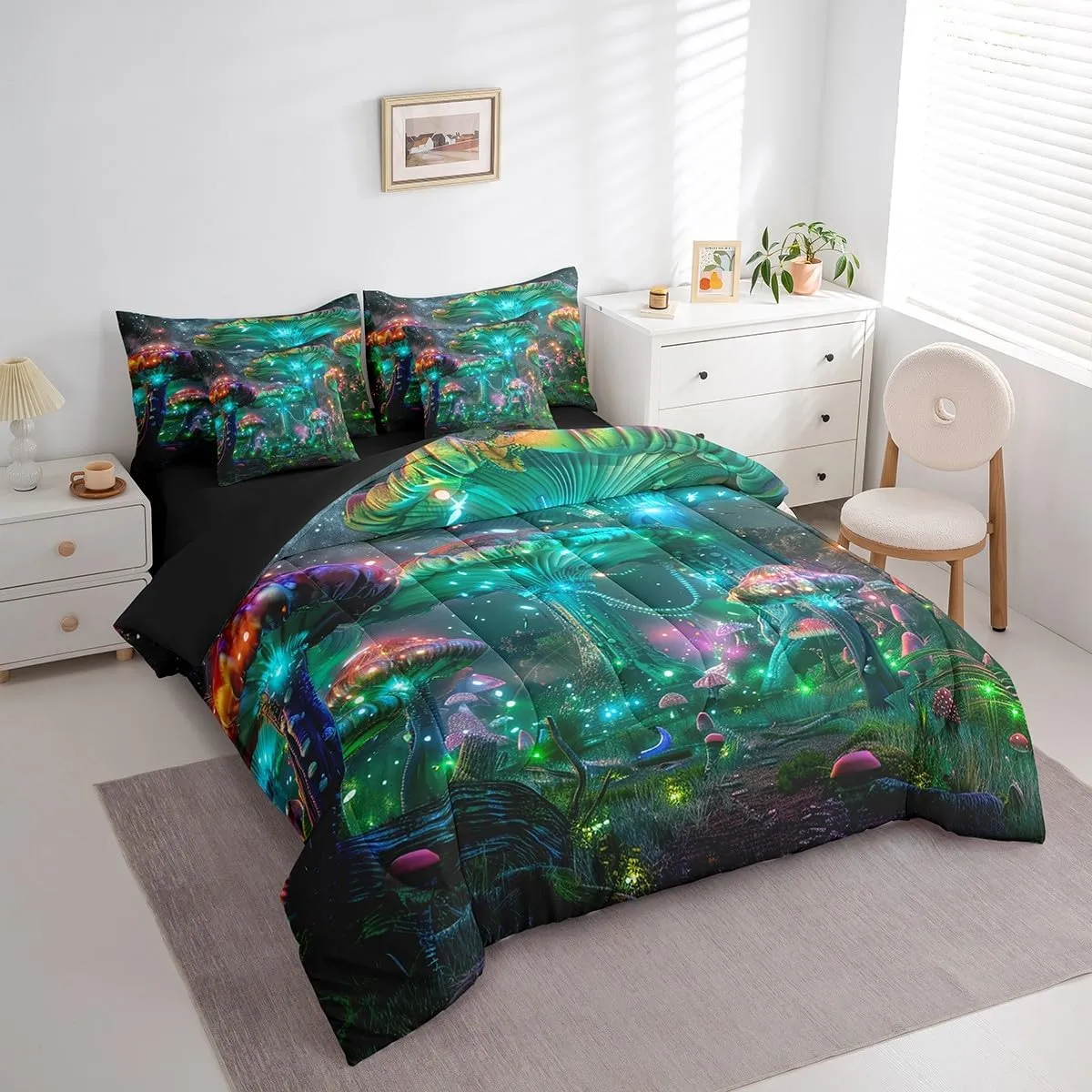 Feelyou Mushrooms Comforter Set Queen 7 Pcs Kawaii Fungus Outer Space Galaxy Bedding Set Botanical Plants Print Natural Wild Fungus Bed in a Bag with Comforter, Sheets, Pillowcases & Cushion Cover