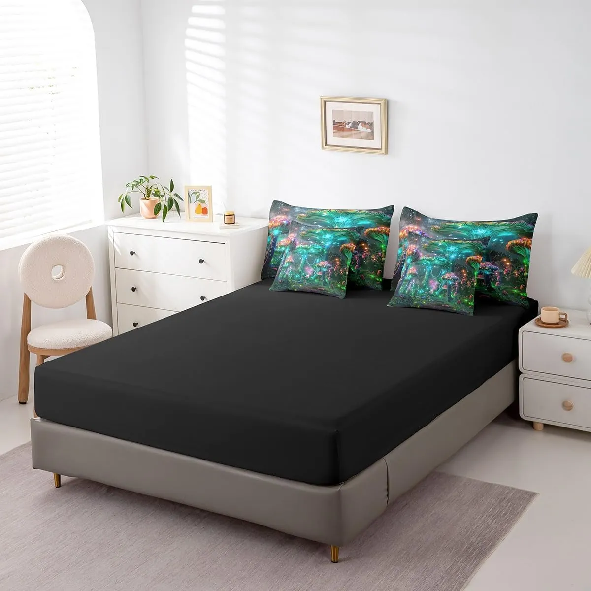 Feelyou Mushrooms Comforter Set Queen 7 Pcs Kawaii Fungus Outer Space Galaxy Bedding Set Botanical Plants Print Natural Wild Fungus Bed in a Bag with Comforter, Sheets, Pillowcases & Cushion Cover