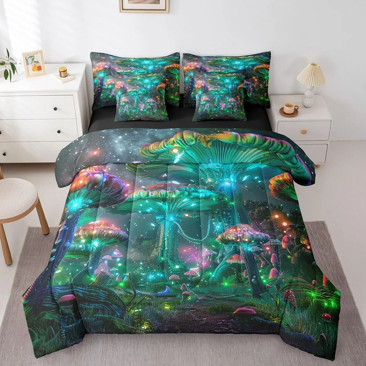 Feelyou Mushrooms Comforter Set Queen 7 Pcs Kawaii Fungus Outer Space Galaxy Bedding Set Botanical Plants Print Natural Wild Fungus Bed in a Bag with Comforter, Sheets, Pillowcases & Cushion Cover