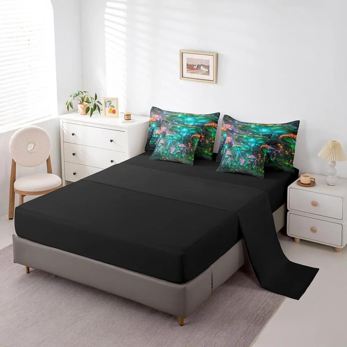 Feelyou Mushrooms Comforter Set Queen 7 Pcs Kawaii Fungus Outer Space Galaxy Bedding Set Botanical Plants Print Natural Wild Fungus Bed in a Bag with Comforter, Sheets, Pillowcases & Cushion Cover