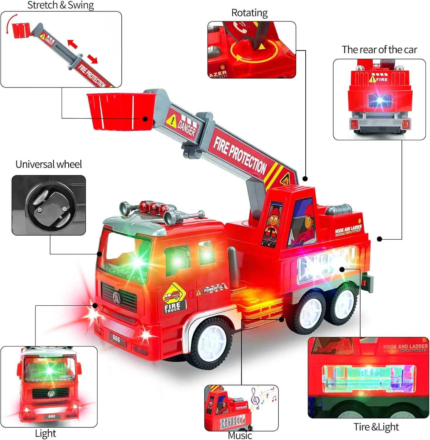 Fire Truck Car Toy for Toddler Kids Girls Boys 3  Birthday, Kids' Play Trucks with 4D Lights & Music- Automatic Bump Go Technology - Electric Universal Ladder Car