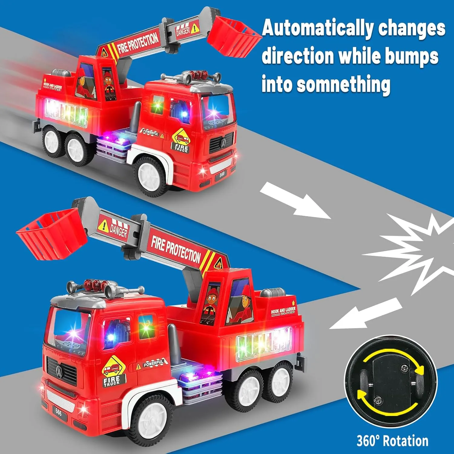 Fire Truck Car Toy for Toddler Kids Girls Boys 3  Birthday, Kids' Play Trucks with 4D Lights & Music- Automatic Bump Go Technology - Electric Universal Ladder Car