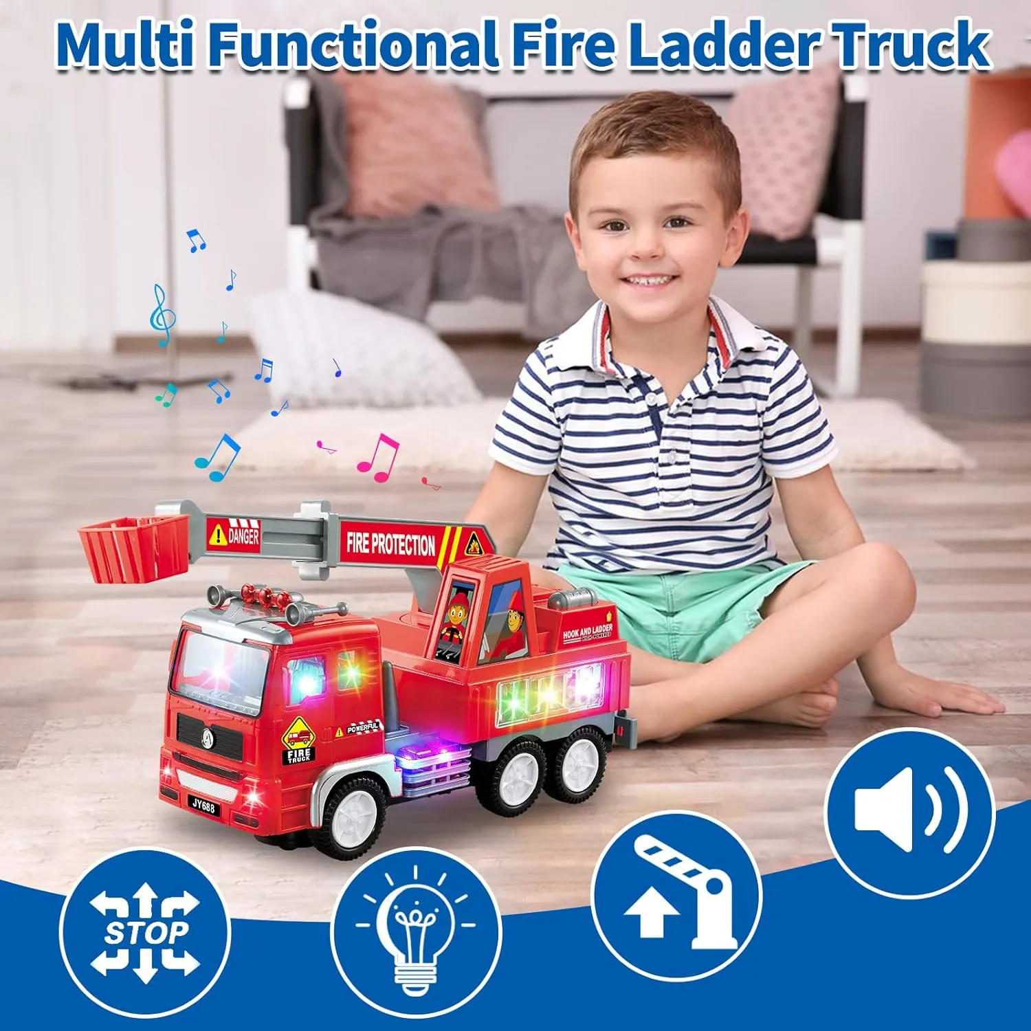 Fire Truck Car Toy for Toddler Kids Girls Boys 3  Birthday, Kids' Play Trucks with 4D Lights & Music- Automatic Bump Go Technology - Electric Universal Ladder Car