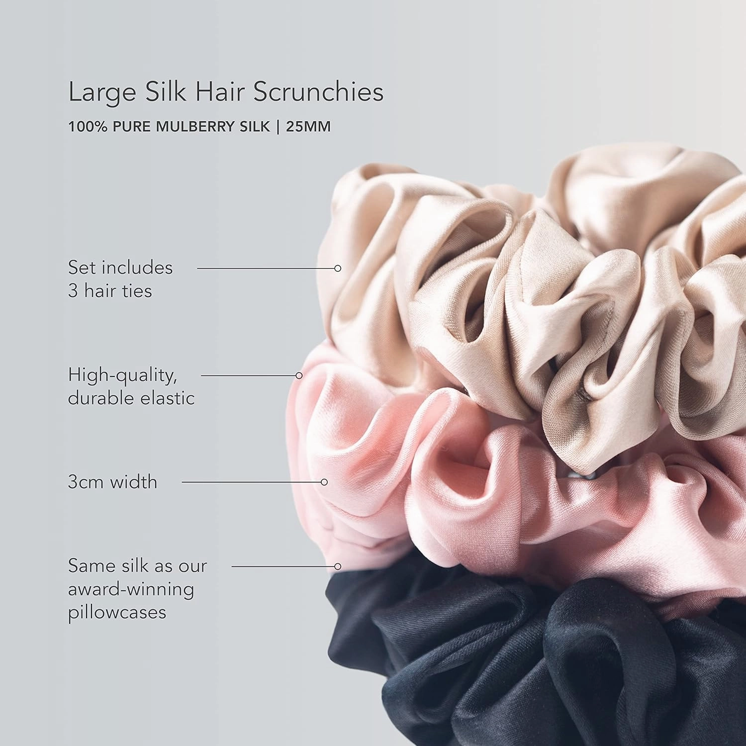 Fishers Finery 25 Momme 100% Pure Mulberry Silk Large Scrunchies, Hair Ties (Black, 3 Pk)