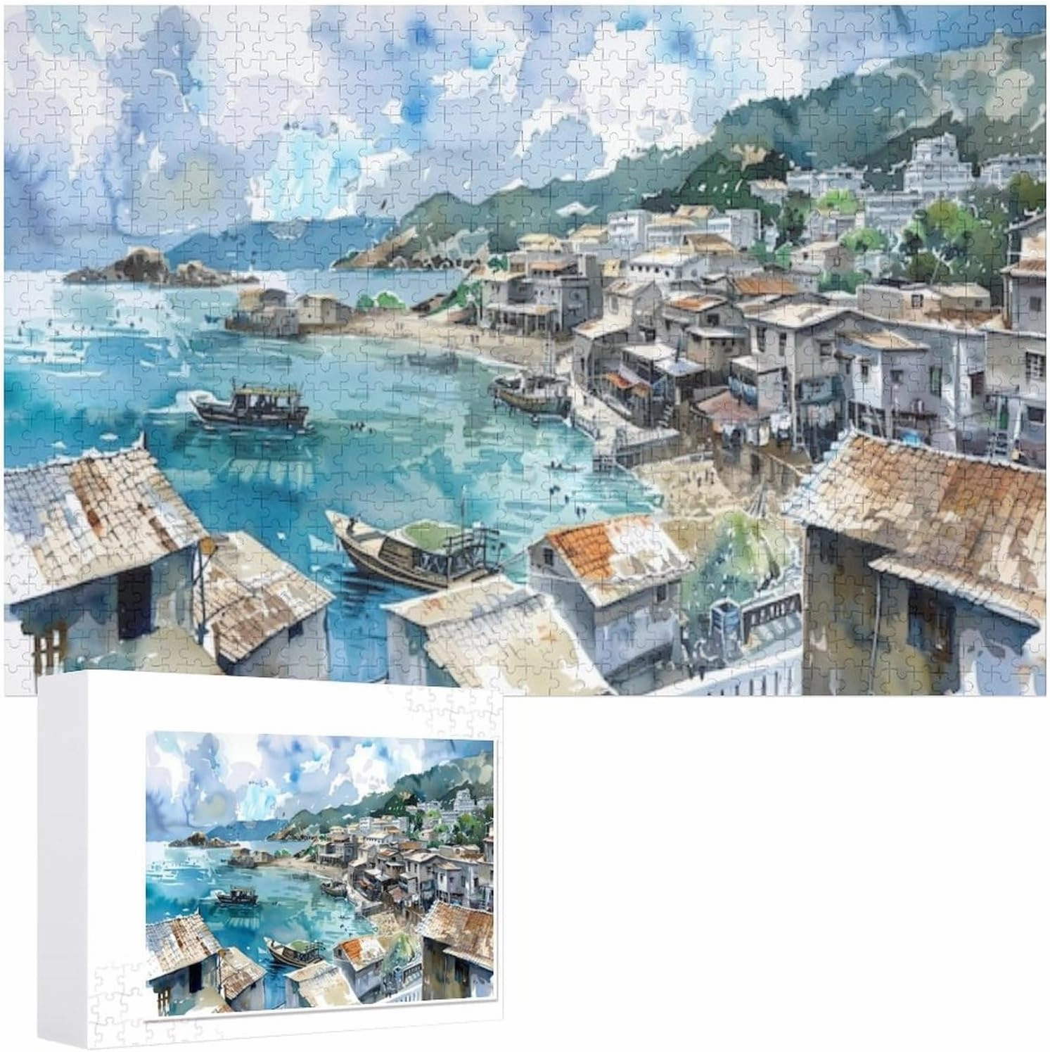 Fishing Village Unique Shaped Wooden Puzzle for Adults and Kids Birthday Gift Family Game 1000 Piece Jigsaw Puzzle for Adults Kids Great Gift for Family Friends