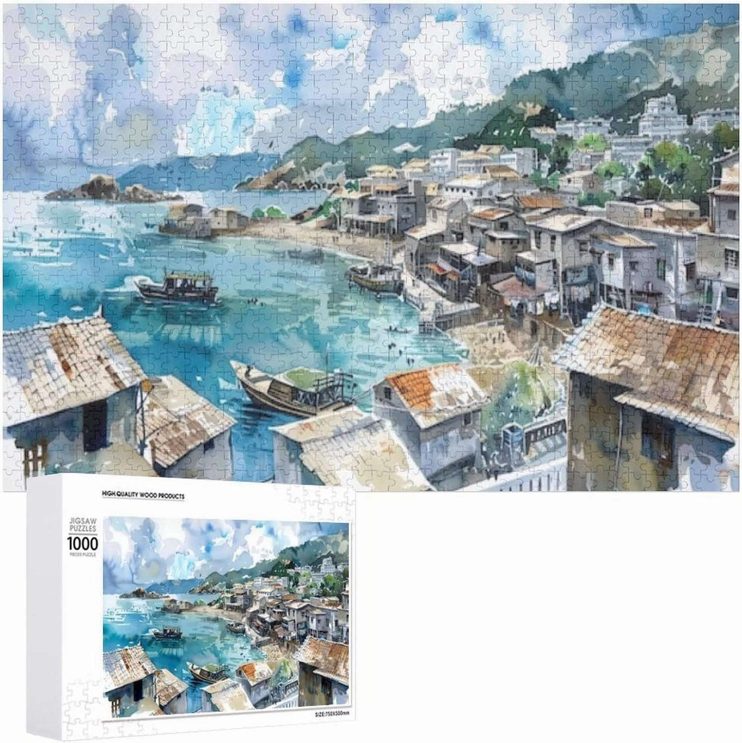 Fishing Village Unique Shaped Wooden Puzzle for Adults and Kids Birthday Gift Family Game 1000 Piece Jigsaw Puzzle for Adults Kids Great Gift for Family Friends