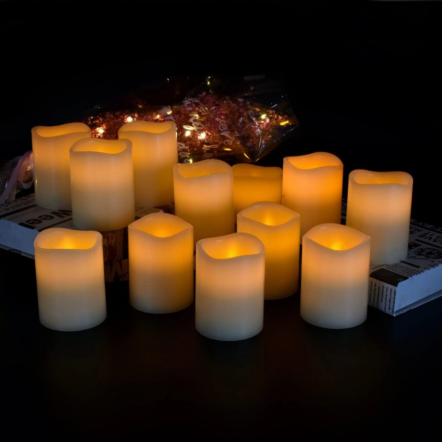 Flameless Candles Battery Operated Candles Set of 12 Ivory Real Wax Pillars Flickering Candles Ivory LED Flameless Candles with Remote and Timer Control (D: 3" x H: 4")