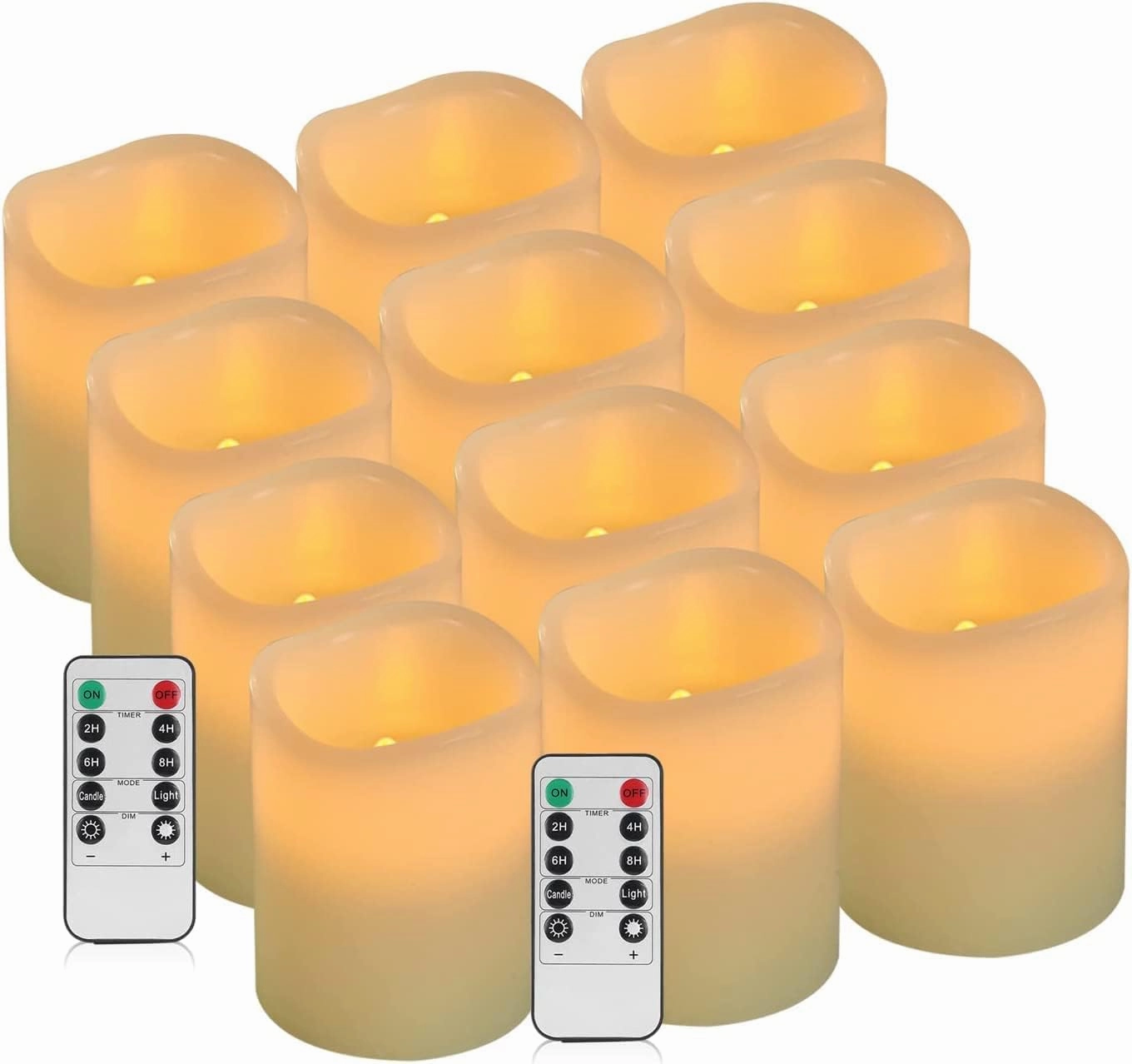 Flameless Candles Battery Operated Candles Set of 12 Ivory Real Wax Pillars Flickering Candles Ivory LED Flameless Candles with Remote and Timer Control (D: 3" x H: 4")