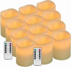 Flameless Candles Battery Operated Candles Set of 12 Ivory Real Wax Pillars Flickering Candles Ivory LED Flameless Candles with Remote and Timer Control (D: 3" x H: 4")