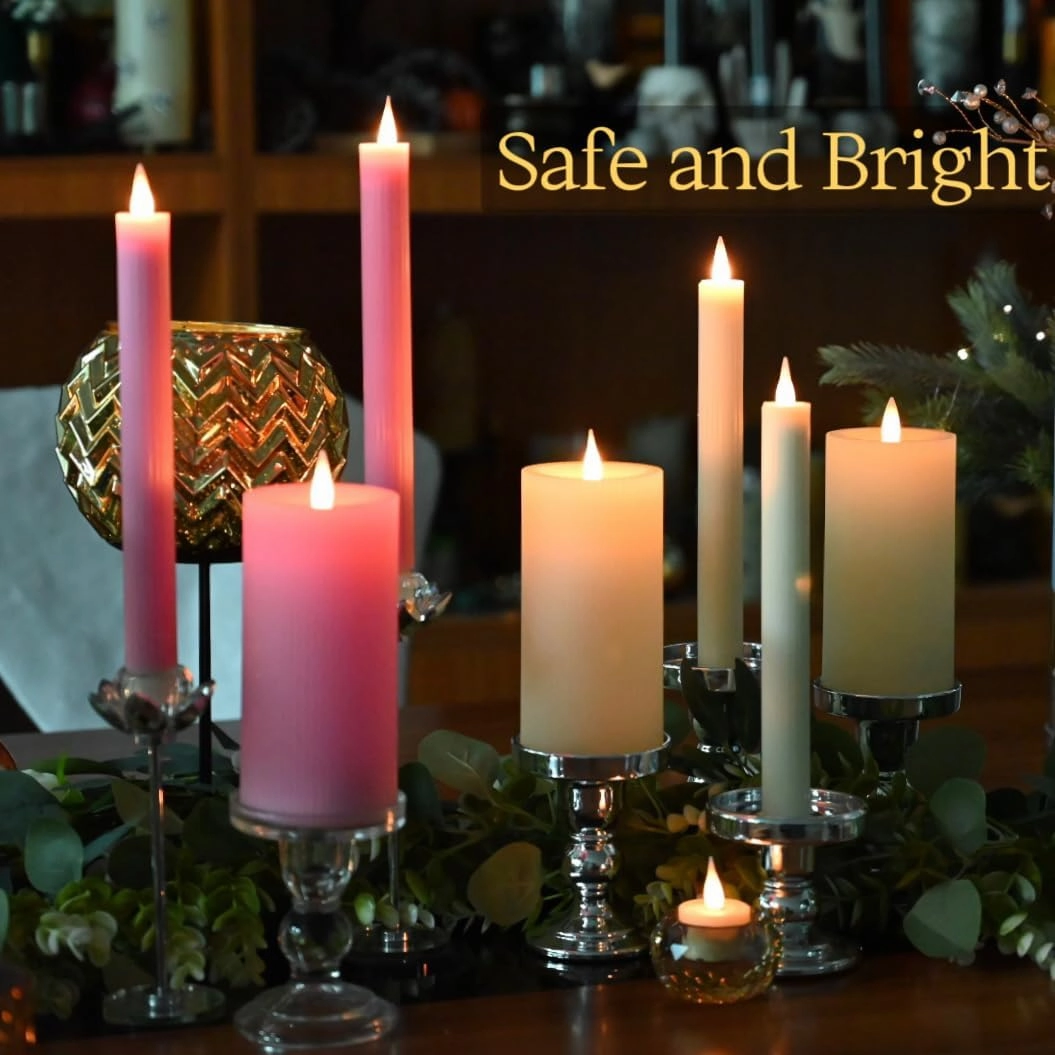 Flameless Taper Candles Flickering with Remote and Timer, 3D Moving Flame Taper Candle Battery Operated to 400 Hours, 9 Inch Window Candle, (Pink-Vertical Stripes)