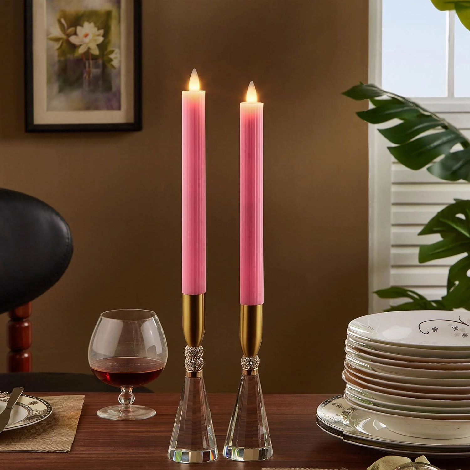 Flameless Taper Candles Flickering with Remote and Timer, 3D Moving Flame Taper Candle Battery Operated to 400 Hours, 9 Inch Window Candle, (Pink-Vertical Stripes)