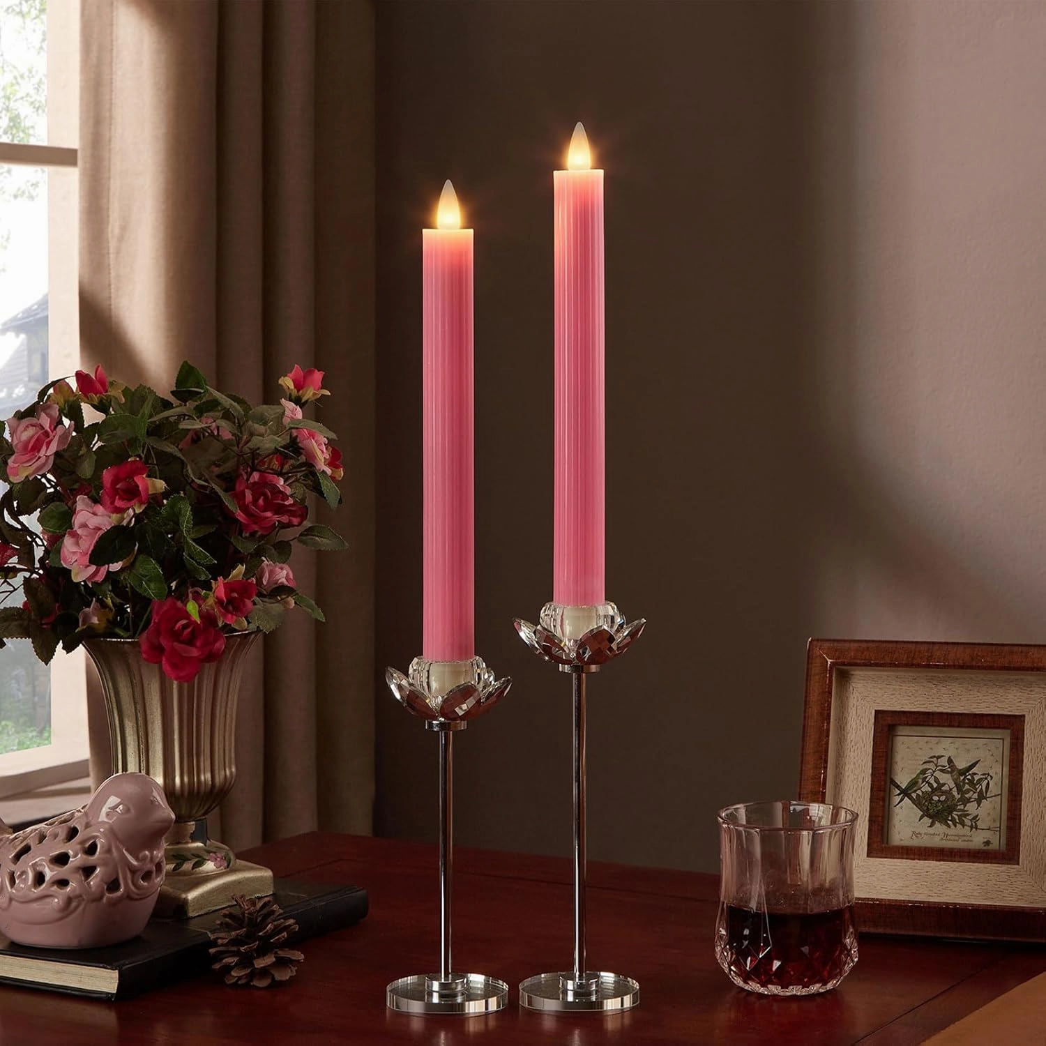 Flameless Taper Candles Flickering with Remote and Timer, 3D Moving Flame Taper Candle Battery Operated to 400 Hours, 9 Inch Window Candle, (Pink-Vertical Stripes)