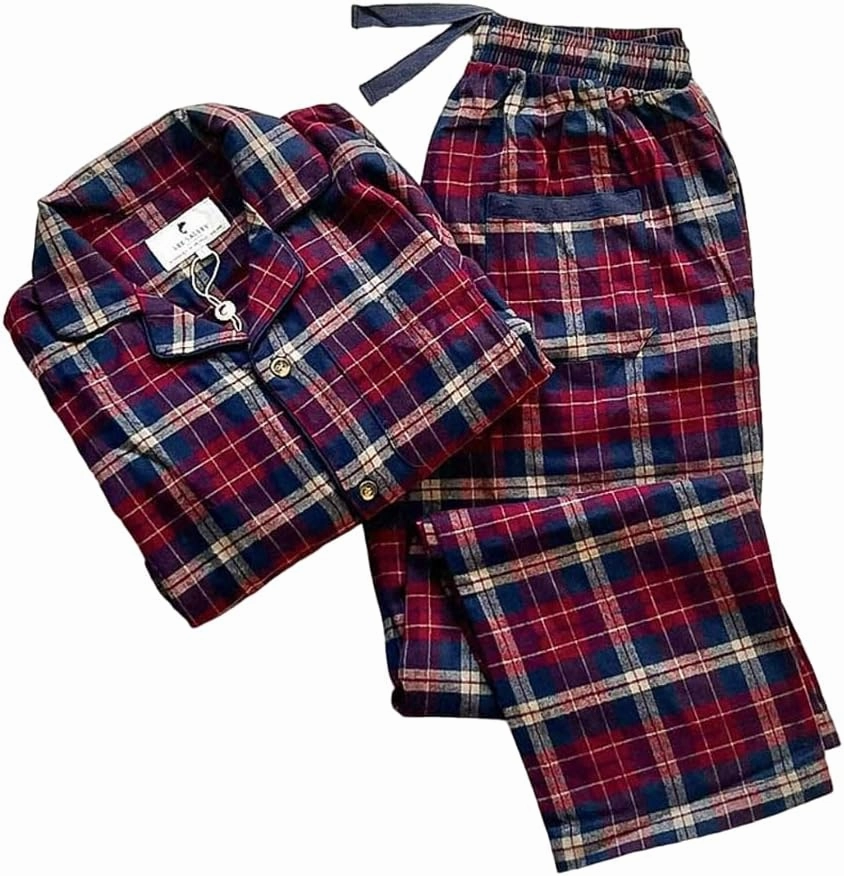 Flannel Pajamas Sleep Set for Men Flannel Cotton Top and Pant Pyjama Set