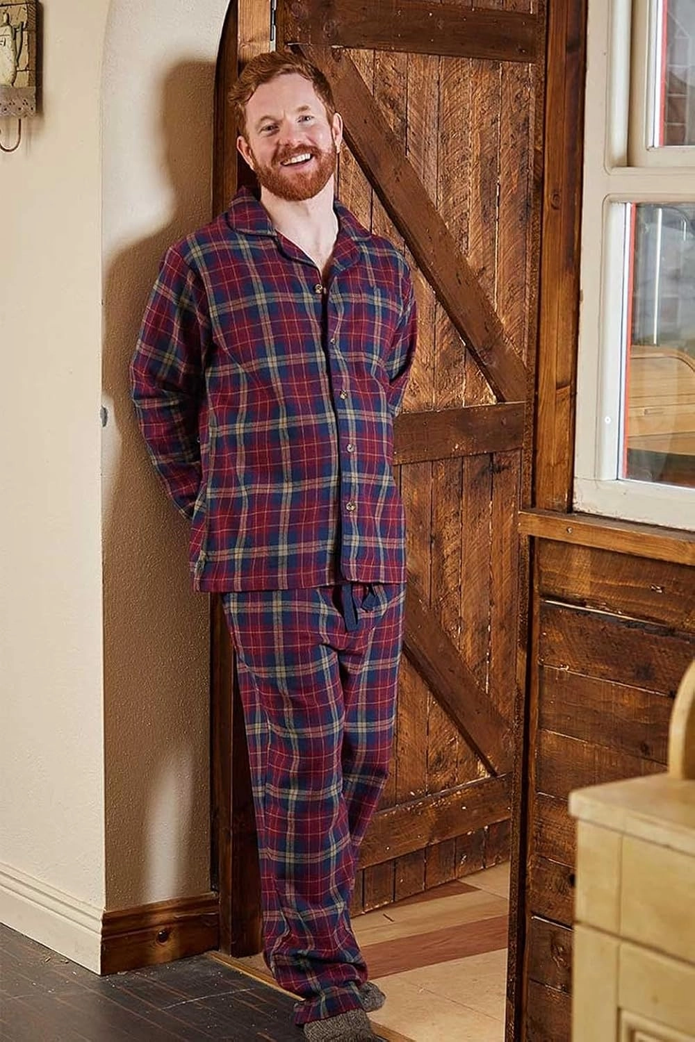 Flannel Pajamas Sleep Set for Men Flannel Cotton Top and Pant Pyjama Set
